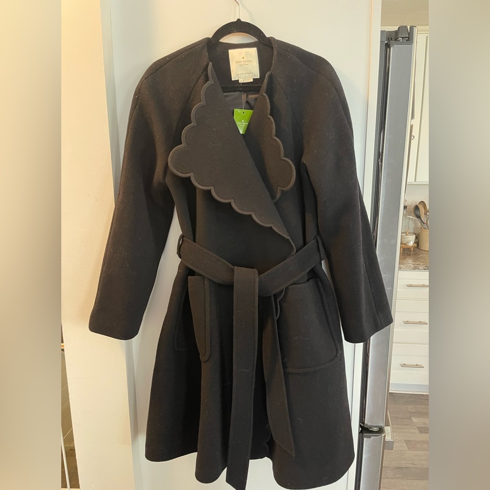 NWT Kate Spade Out West Scalloped Black Wool Wrap Coat Med